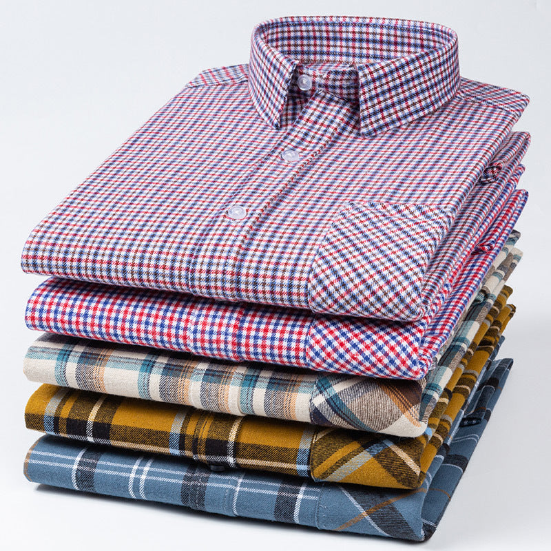 Spring New Mens Casual Fashionable Pure Cotton Brushed Flannel Plaid Long-Sleeve Shirt