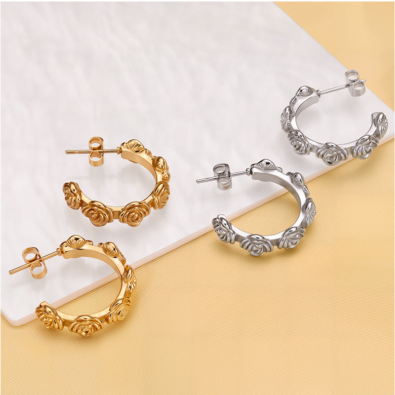 Fashionable Rose Flower Earrings Hoops For Women Niche Light Luxury