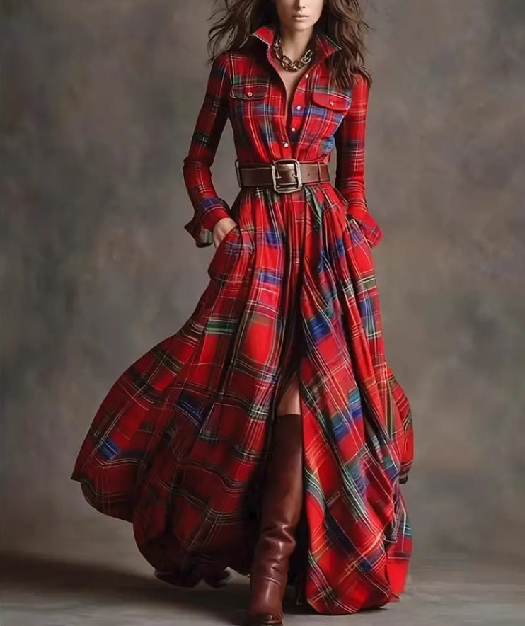 French Vintage Plaid Women Dress