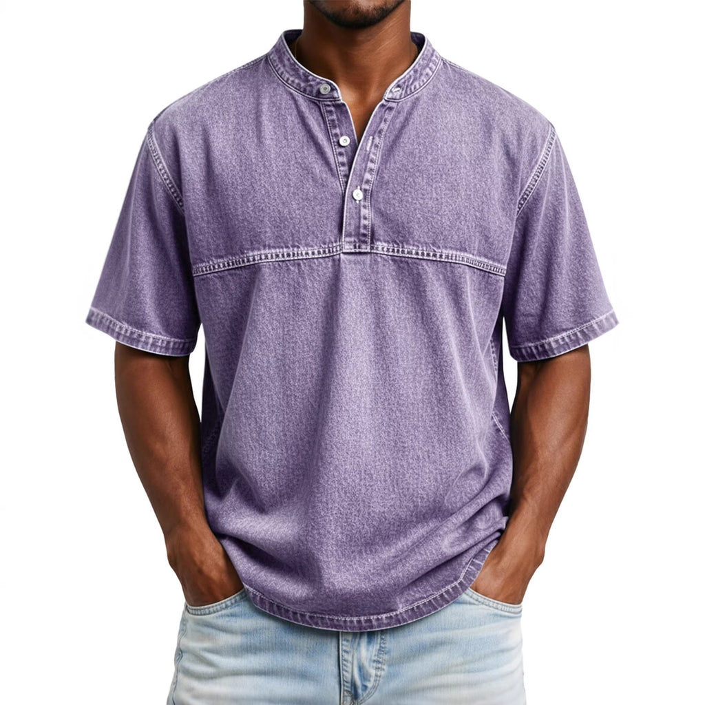Straight-shoulder Crewneck Three-button Short-sleeve Henley Print Shirt
