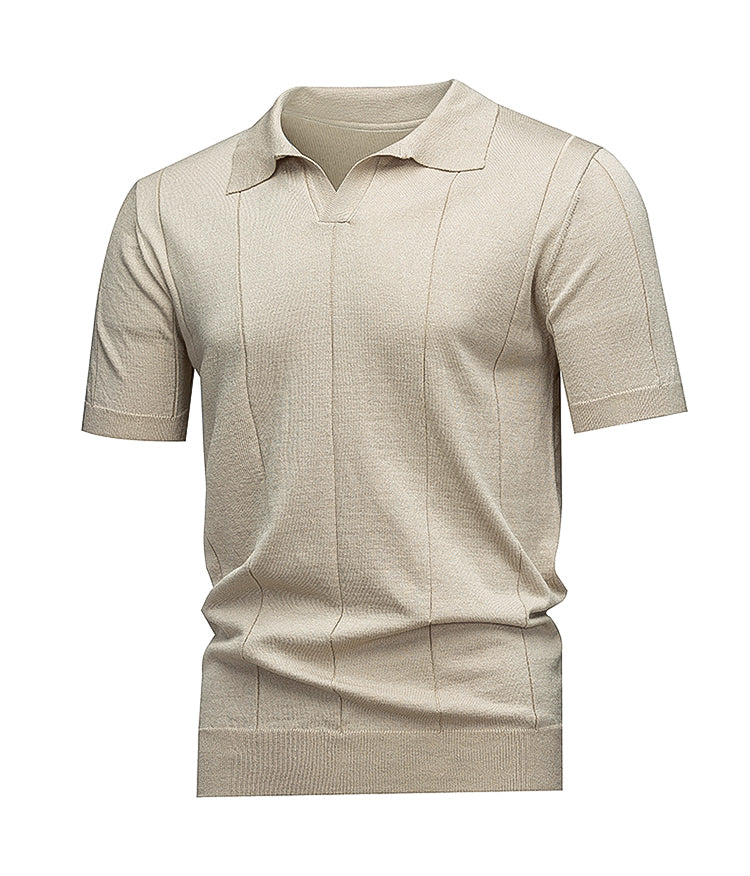 Men's Johnny Collar Knit Polo, Dark Grey Vertical Jacquard Stripes, Casual Office Wear