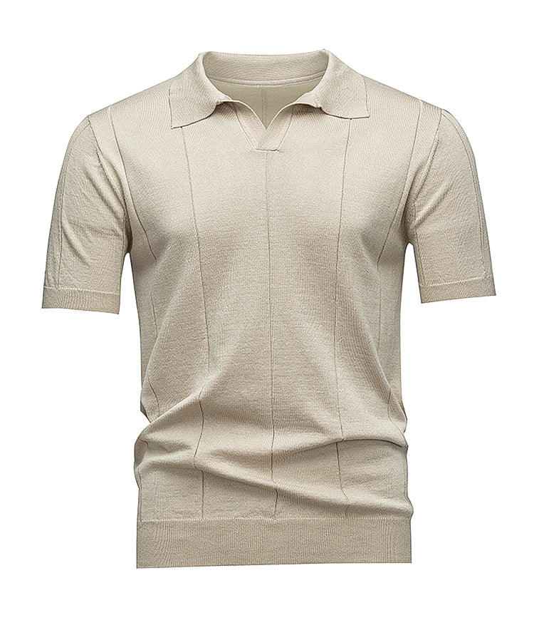 Men's Johnny Collar Knit Polo, Dark Grey Vertical Jacquard Stripes, Casual Office Wear