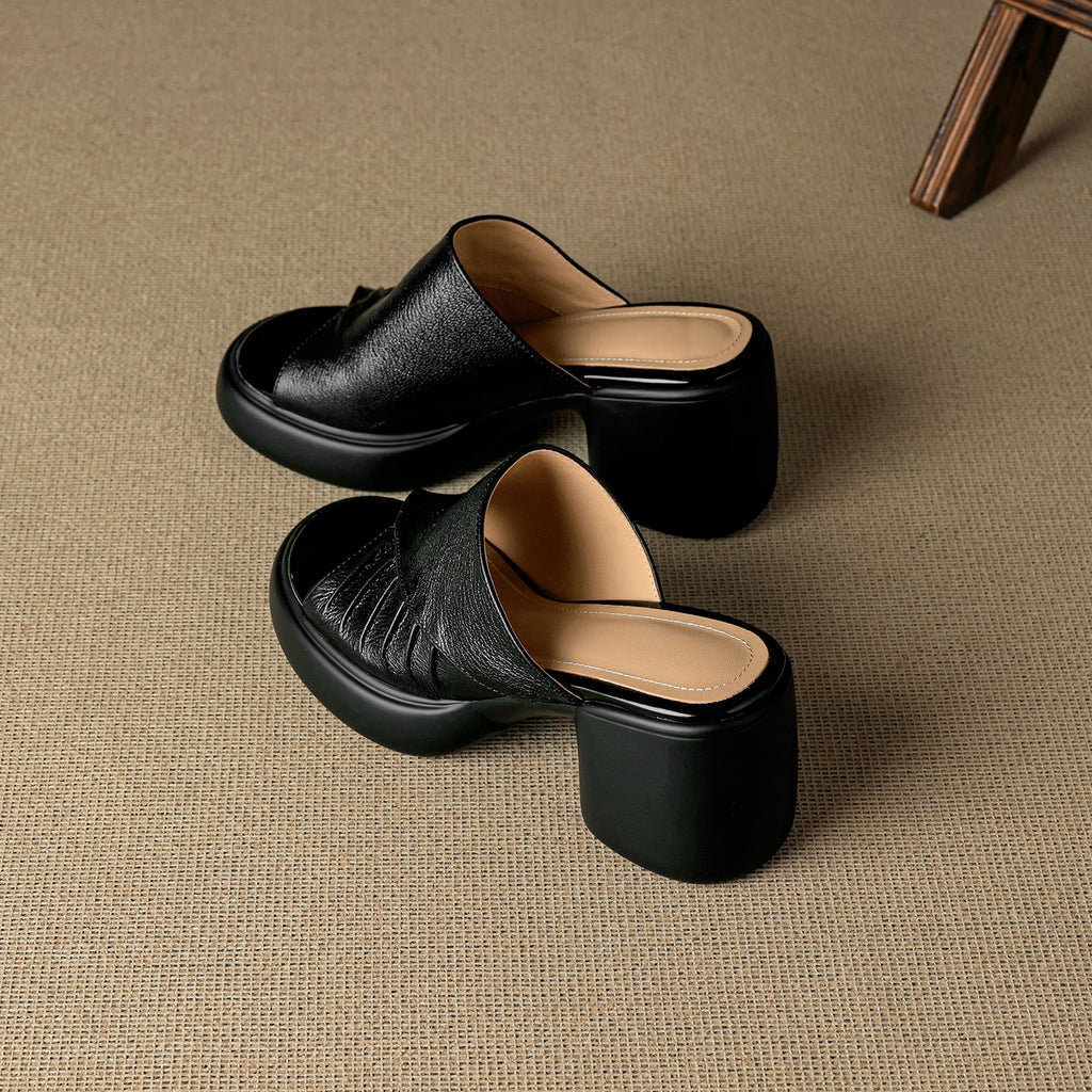 Soft Genuine Lambskin Ruched Block Heel Slides, Ladies Open-Toe Leather Mules