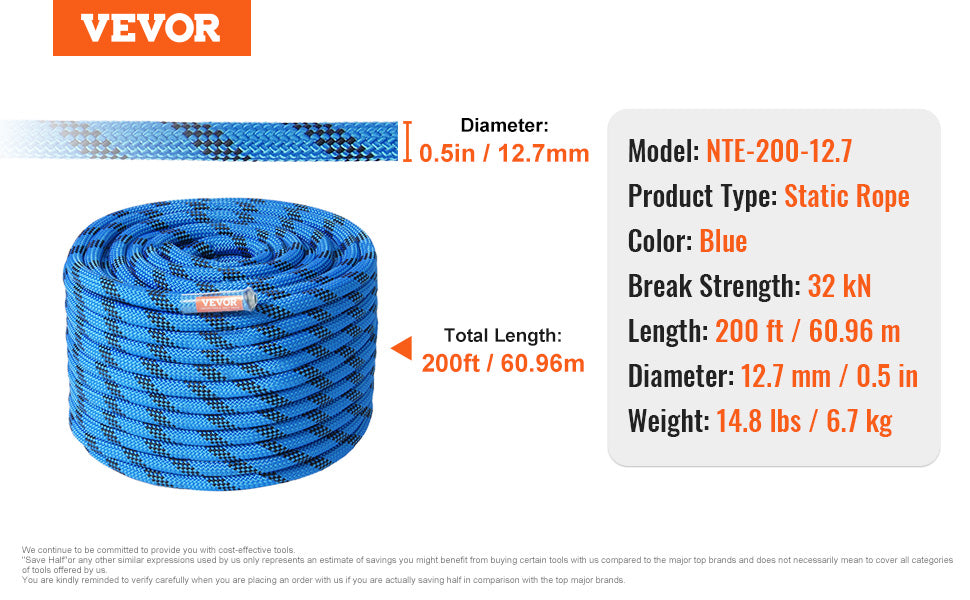 VEVOR 12.7mm Static Climbing Rope 125/150/200ft Outdoor Rock Climbing Rope 30KN Breaking Tension Fiber Rope w/ Steel Snap Hooks