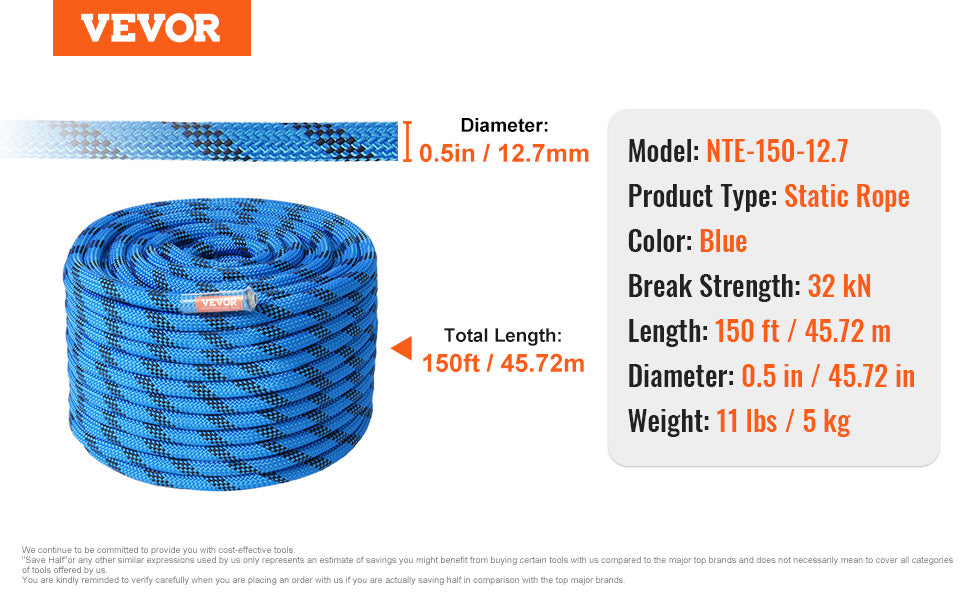 VEVOR 12.7mm Static Climbing Rope 125/150/200ft Outdoor Rock Climbing Rope 30KN Breaking Tension Fiber Rope w/ Steel Snap Hooks