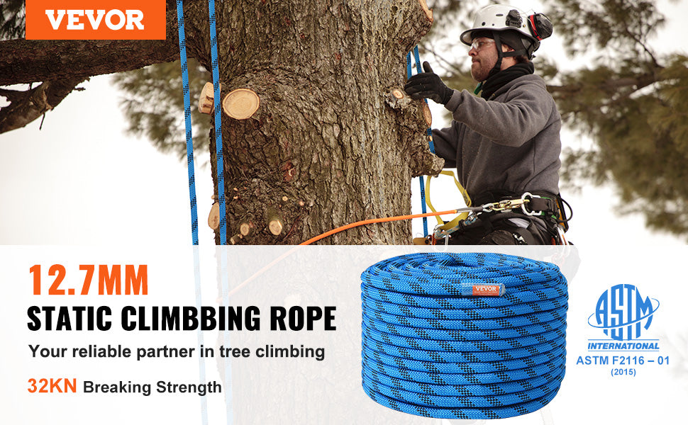 VEVOR 12.7mm Static Climbing Rope 125/150/200ft Outdoor Rock Climbing Rope 30KN Breaking Tension Fiber Rope w/ Steel Snap Hooks