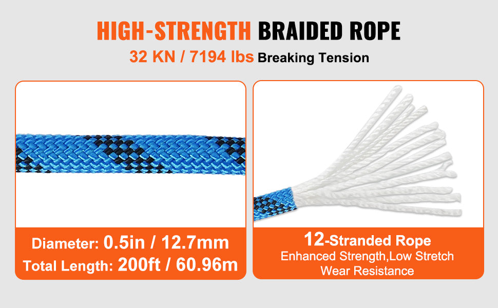 VEVOR 12.7mm Static Climbing Rope 125/150/200ft Outdoor Rock Climbing Rope 30KN Breaking Tension Fiber Rope w/ Steel Snap Hooks
