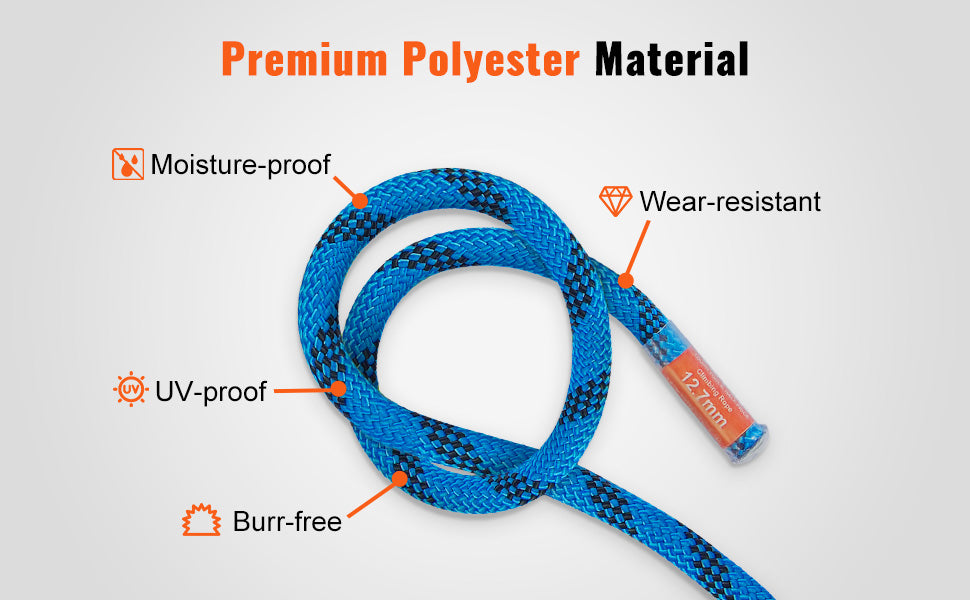 VEVOR 12.7mm Static Climbing Rope 125/150/200ft Outdoor Rock Climbing Rope 30KN Breaking Tension Fiber Rope w/ Steel Snap Hooks